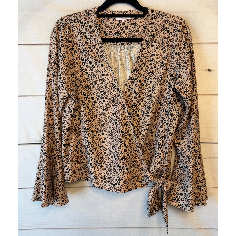 Parker Leopard Print Wrap Top Bell Sleeve Animal Print Blouse Tan Black Small